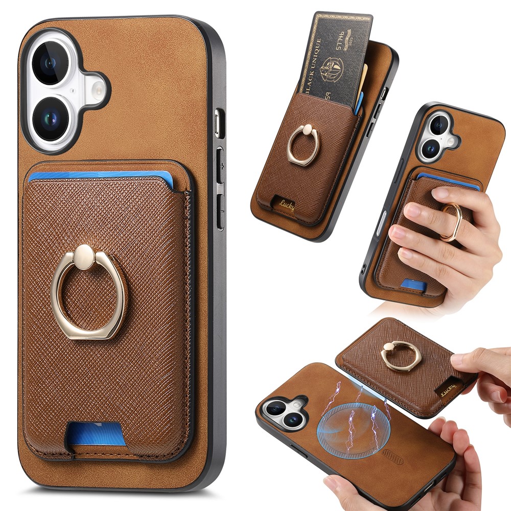 For iPhone 17 Magnetic Case Detachable Card Bag Leather Back Cover with Kickstand - Brown
