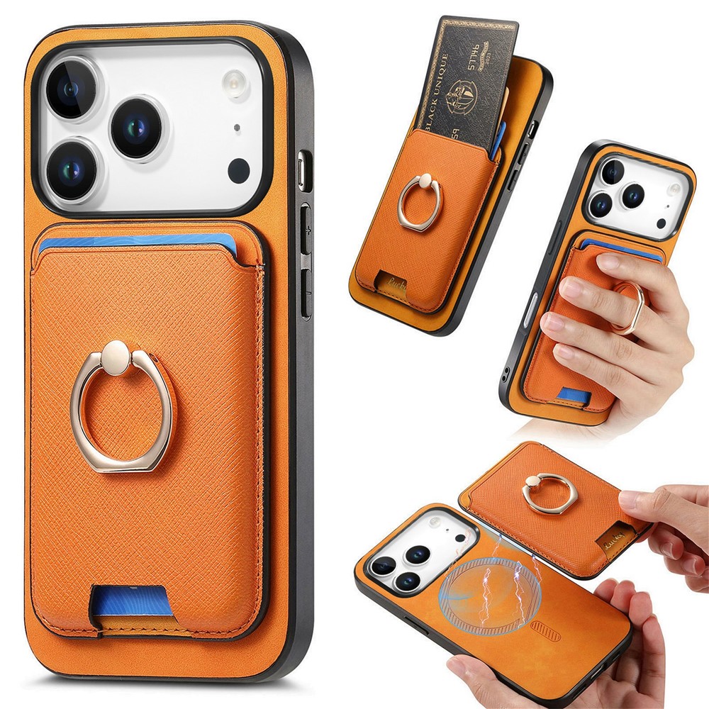 For iPhone 17 Pro Max Magnetic Case Detachable Card Bag Leather Back Cover with Kickstand - Orange