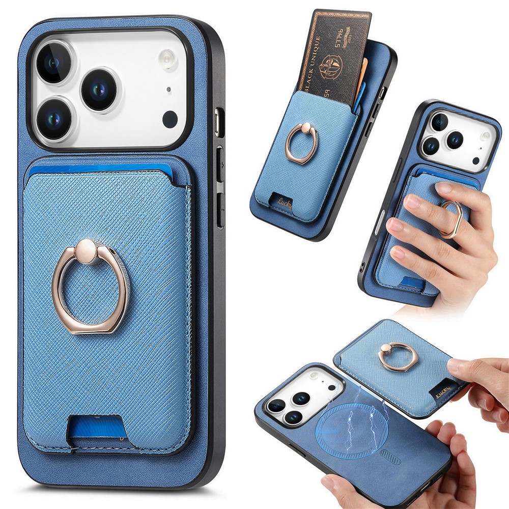 For iPhone 17 Pro Max Magnetic Case Detachable Card Bag Leather Back Cover with Kickstand - Blue