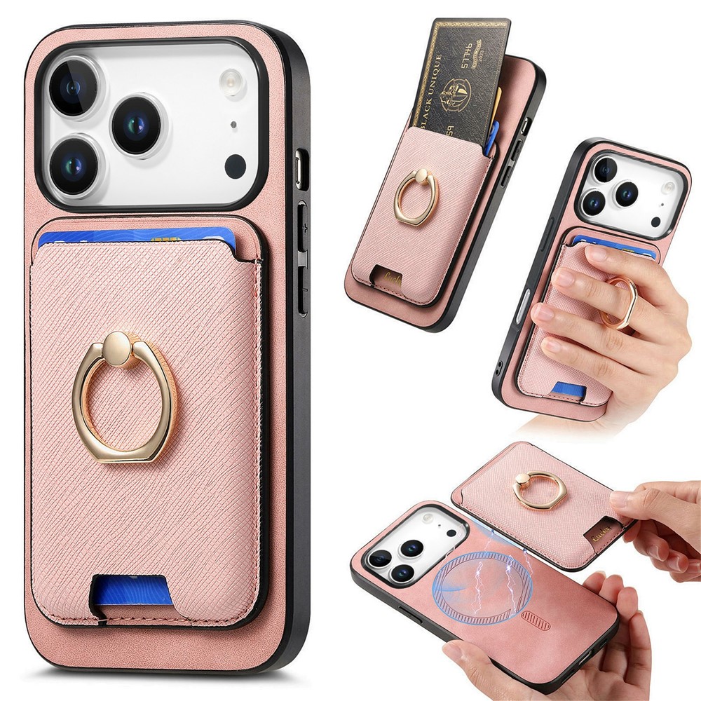 For iPhone 17 Pro Max Magnetic Case Detachable Card Bag Leather Back Cover with Kickstand - Rose Gold