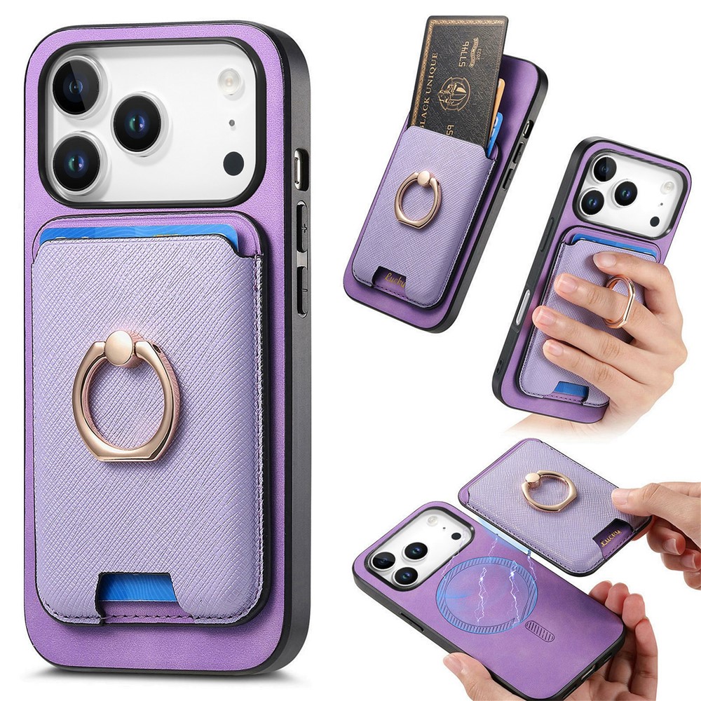 For iPhone 17 Pro Max Magnetic Case Detachable Card Bag Leather Back Cover with Kickstand - Purple