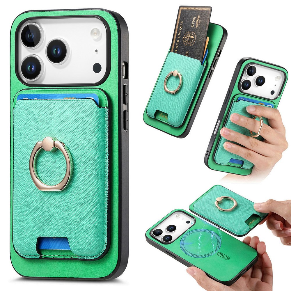 For iPhone 17 Pro Max Magnetic Case Detachable Card Bag Leather Back Cover with Kickstand - Green
