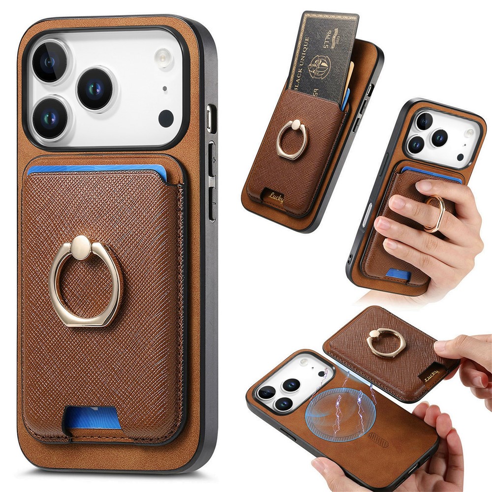 For iPhone 17 Pro Max Magnetic Case Detachable Card Bag Leather Back Cover with Kickstand - Brown