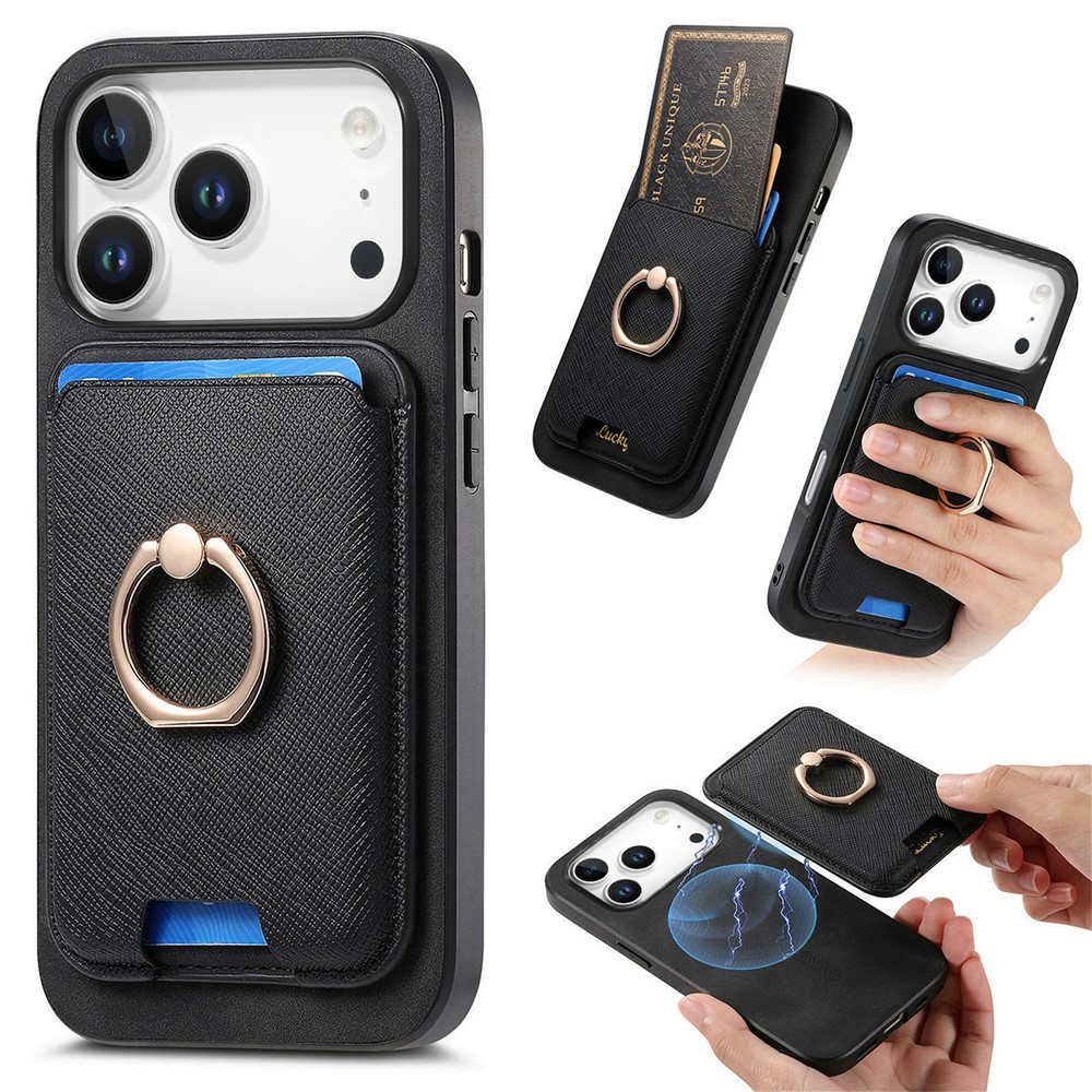 For iPhone 17 Pro Max Magnetic Case Detachable Card Bag Leather Back Cover with Kickstand - Black