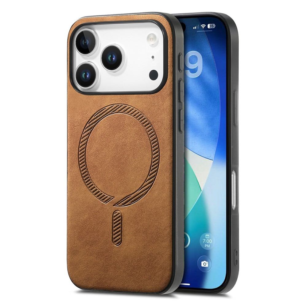 For iPhone 17 Pro Leather Back Case Compatible with MagSafe Skin-touch Phone Cover - Brown