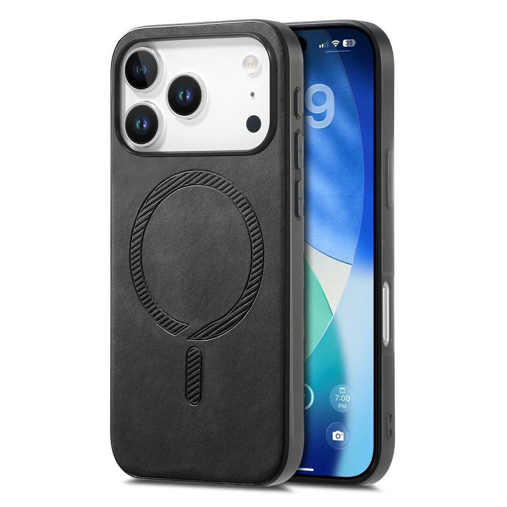 For iPhone 17 Pro Leather Back Case Compatible with MagSafe Skin-touch Phone Cover - Black