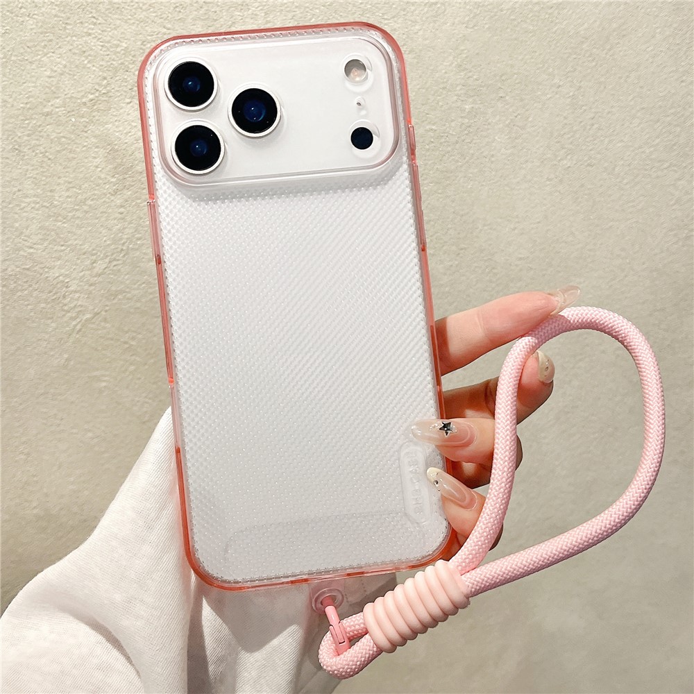 For iPhone 17 Pro Max Case 3 in 1 Clear Shockproof TPU PC Phone Back Cover with Wrist Strap - Pink