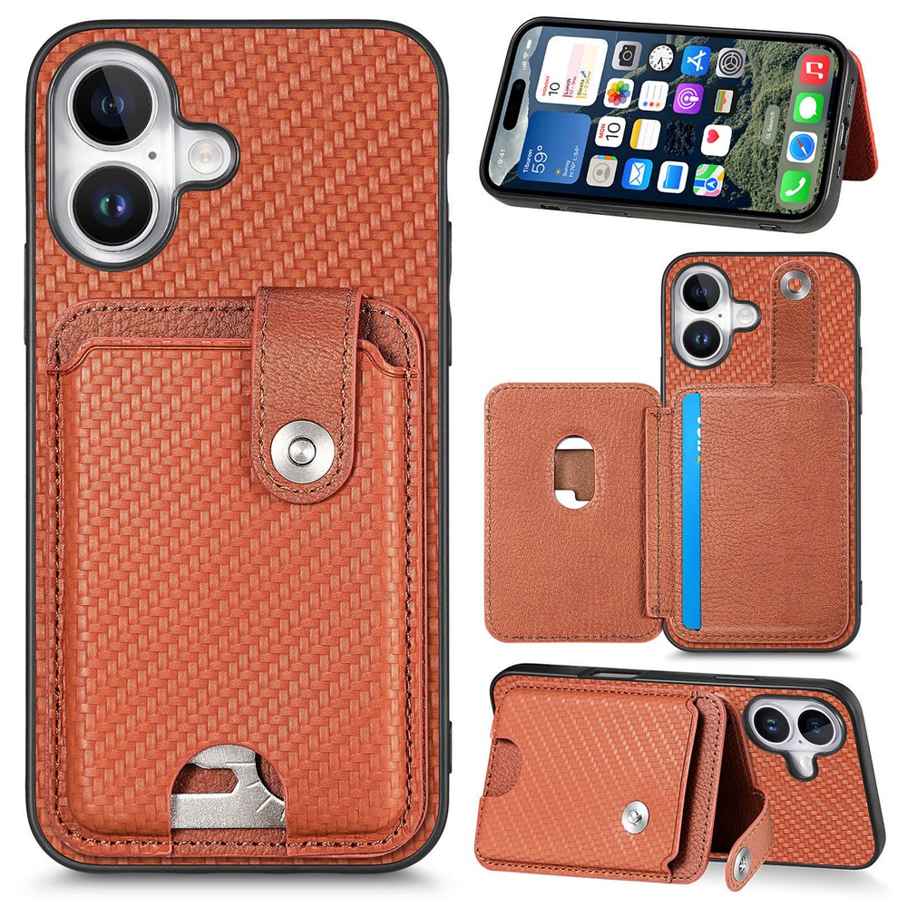 For iPhone 17 Case Card Slots Kickstand Phone Back Cover with Card Tool - Brown