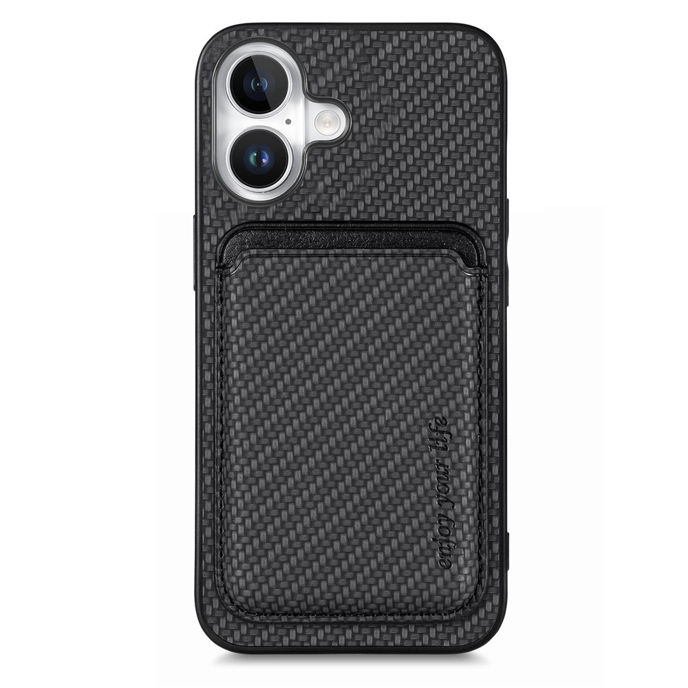 For iPhone 17 Case Carbon Fiber Leather Back Cover with Detachable Card Bag - Black