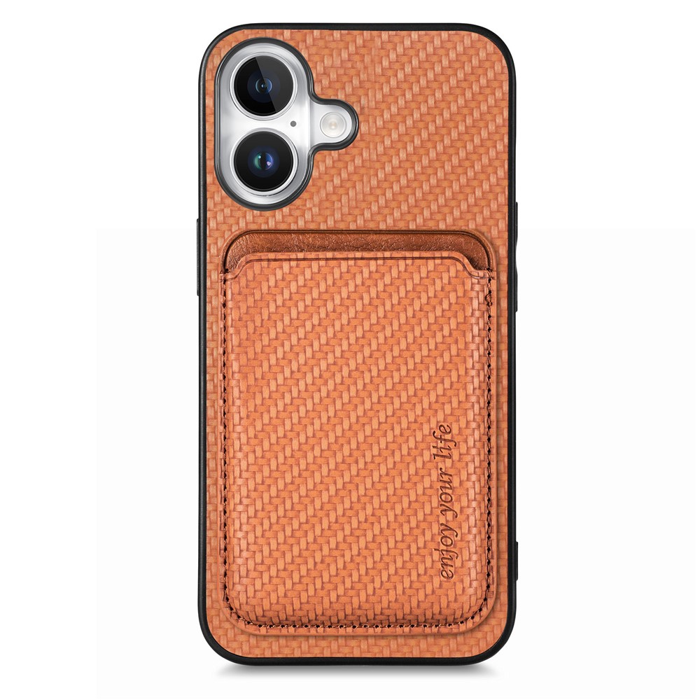 For iPhone 17 Case Carbon Fiber Leather Back Cover with Detachable Card Bag - Brown