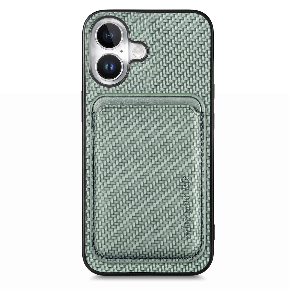 For iPhone 17 Case Carbon Fiber Leather Back Cover with Detachable Card Bag - Green