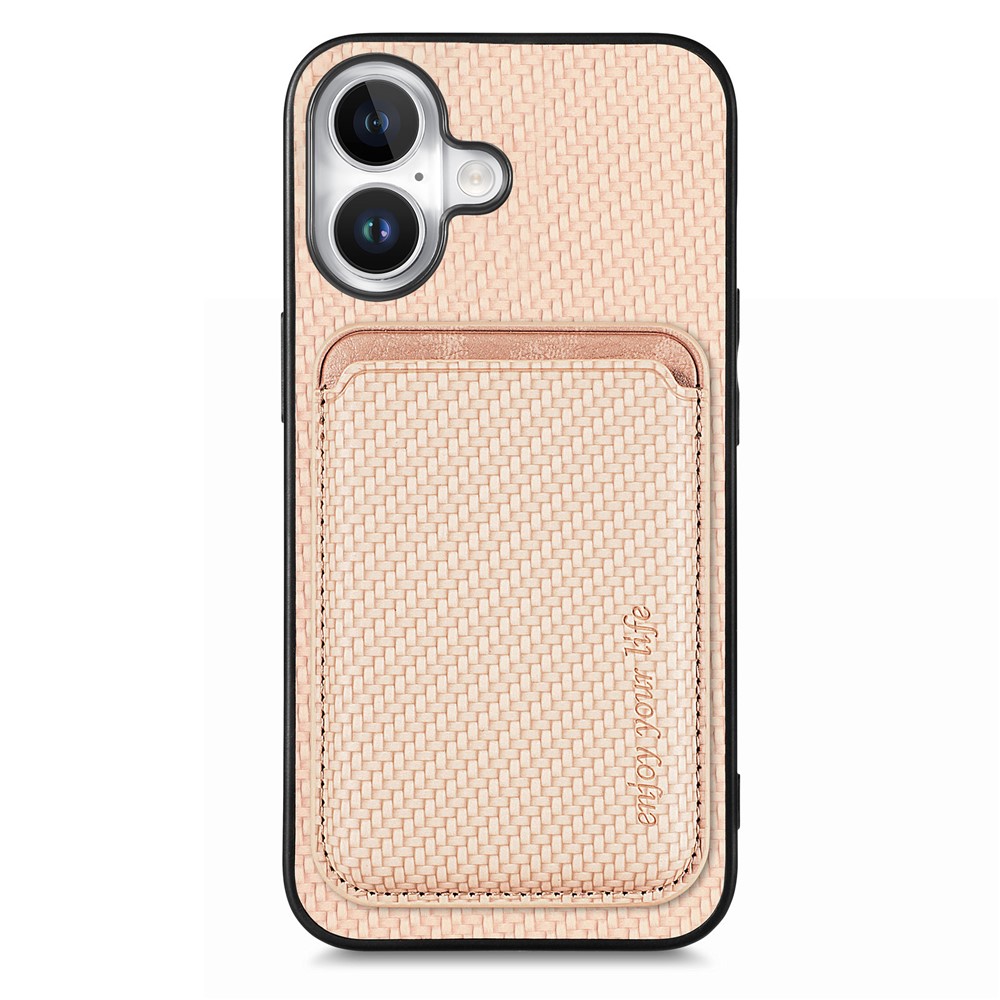 For iPhone 17 Case Carbon Fiber Leather Back Cover with Detachable Card Bag - Beige