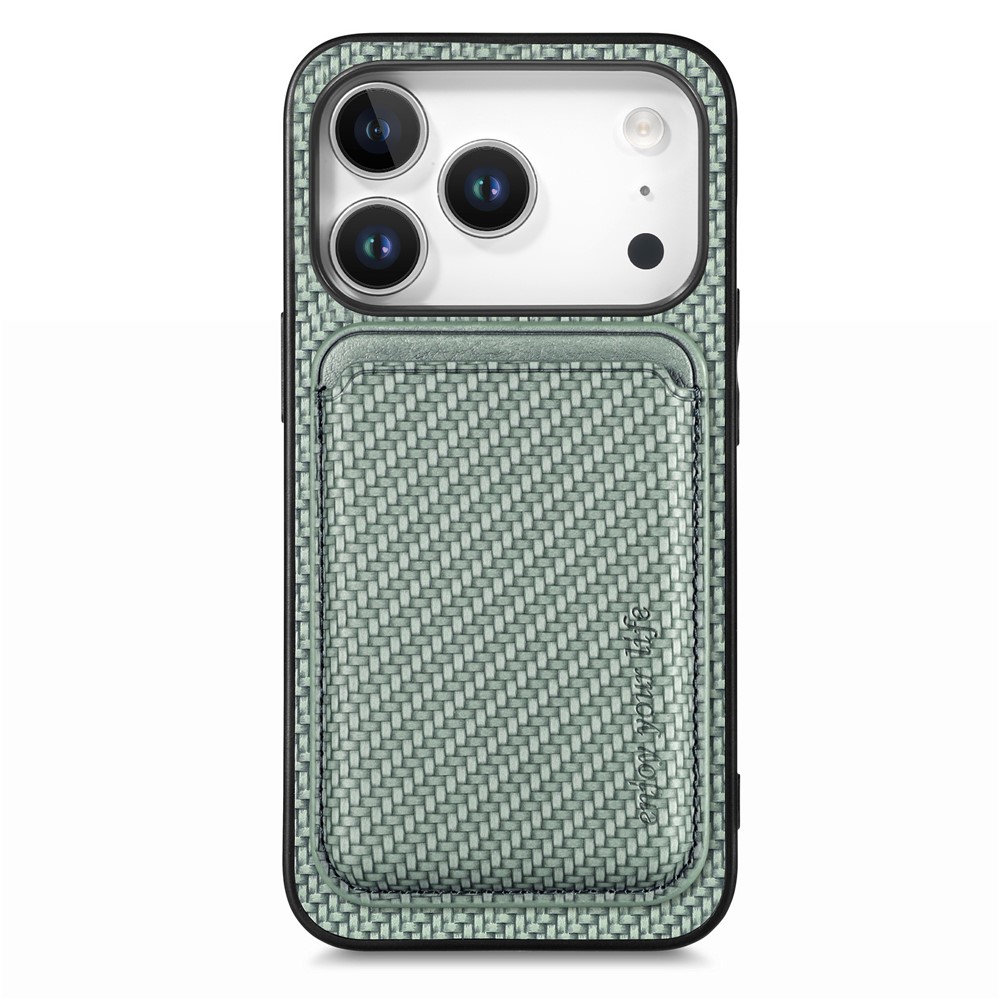For iPhone 17 Pro Case Carbon Fiber Leather Back Cover with Detachable Card Bag - Green