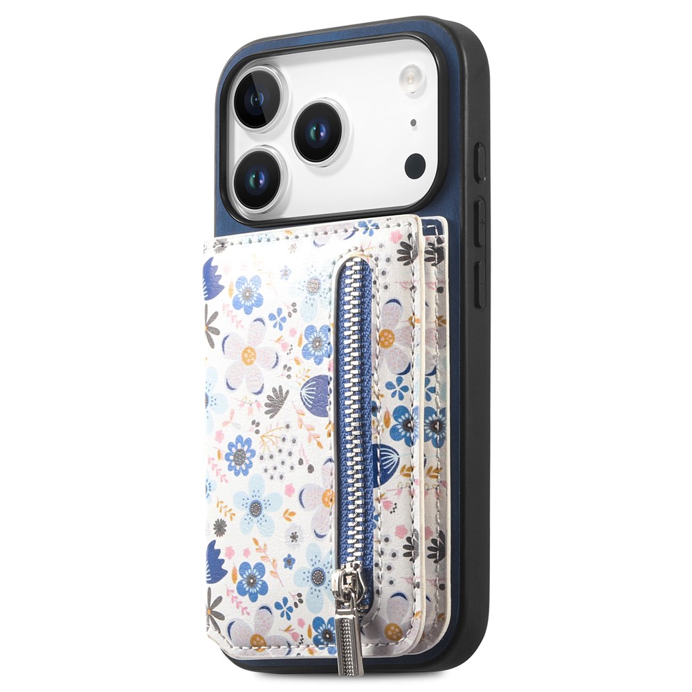 For iPhone 17 Pro Max Leather Phone Cover with RFID Blocking Zipper Card Bag Kickstand - Blue