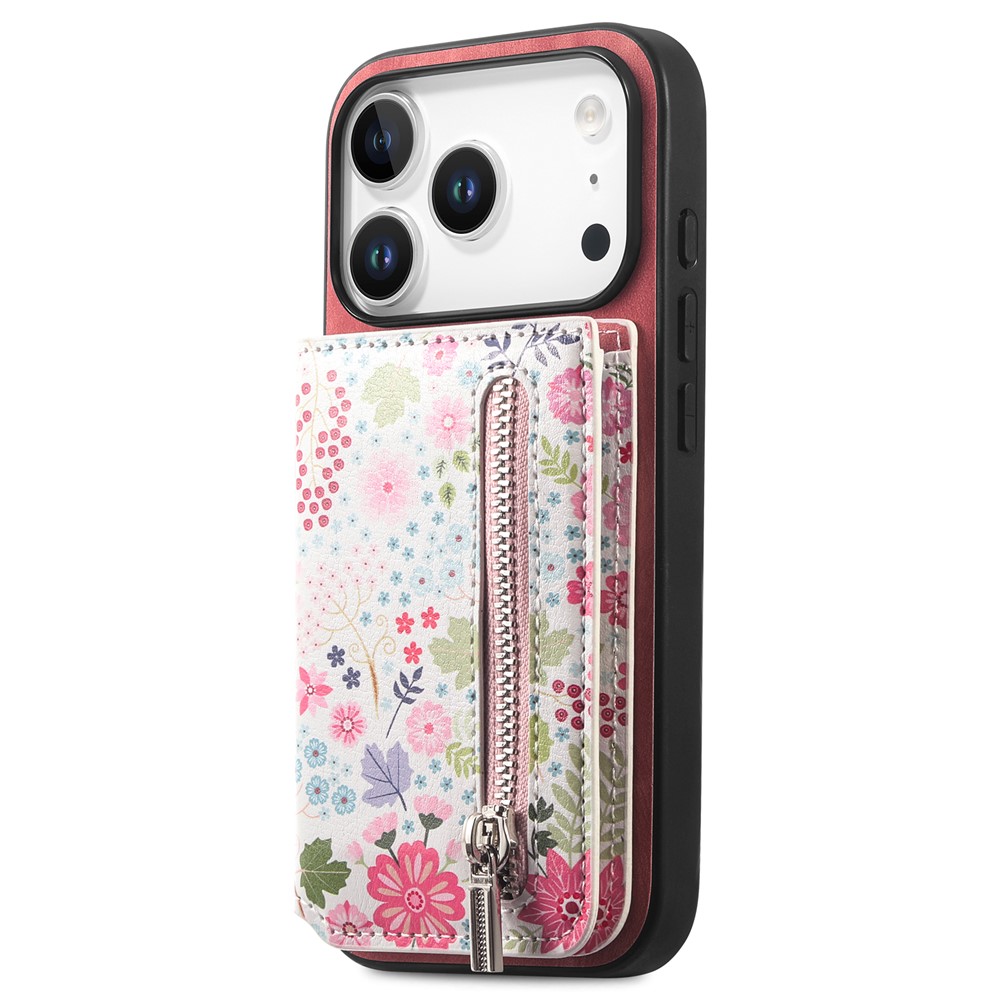 For iPhone 17 Pro Leather Phone Cover with RFID Blocking Zipper Card Bag Kickstand - Pink