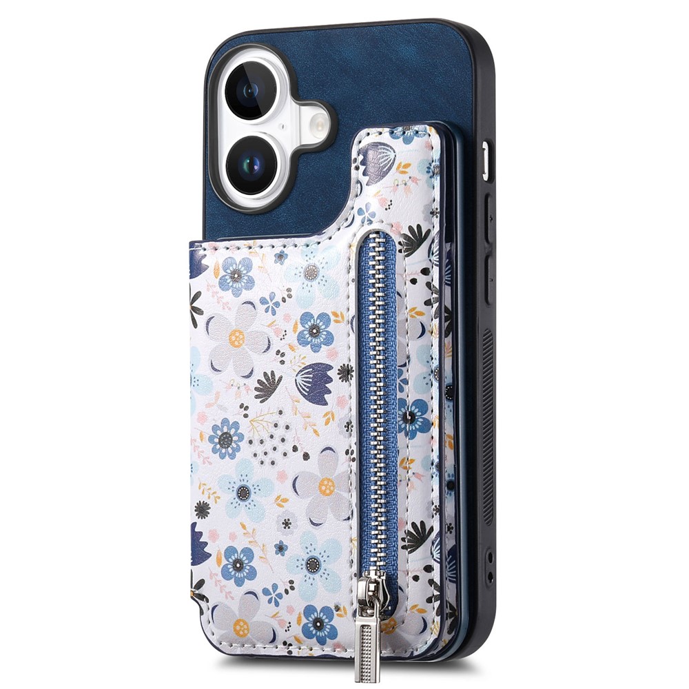 For iPhone 17 Leather Phone Cover with RFID Blocking Zipper Card Bag Kickstand - Blue