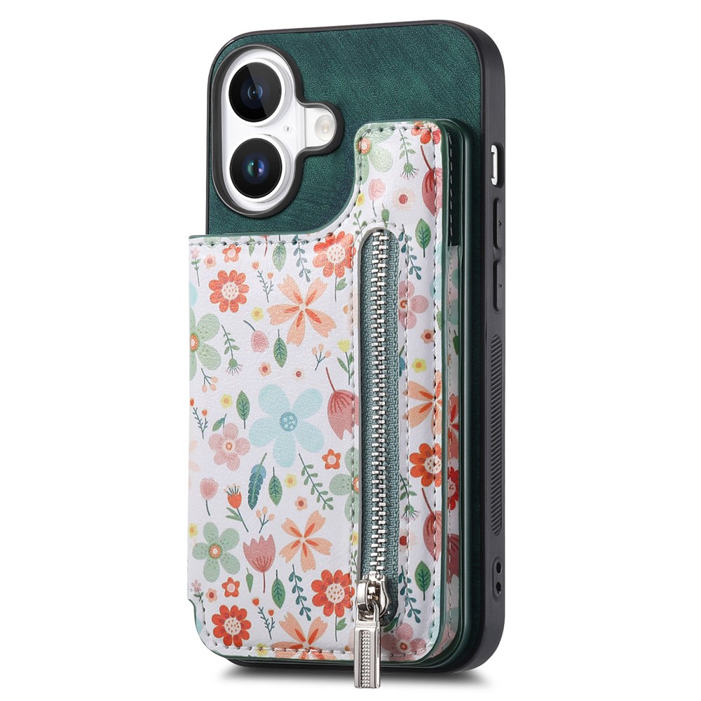 For iPhone 17 Leather Phone Cover with RFID Blocking Zipper Card Bag Kickstand - Green