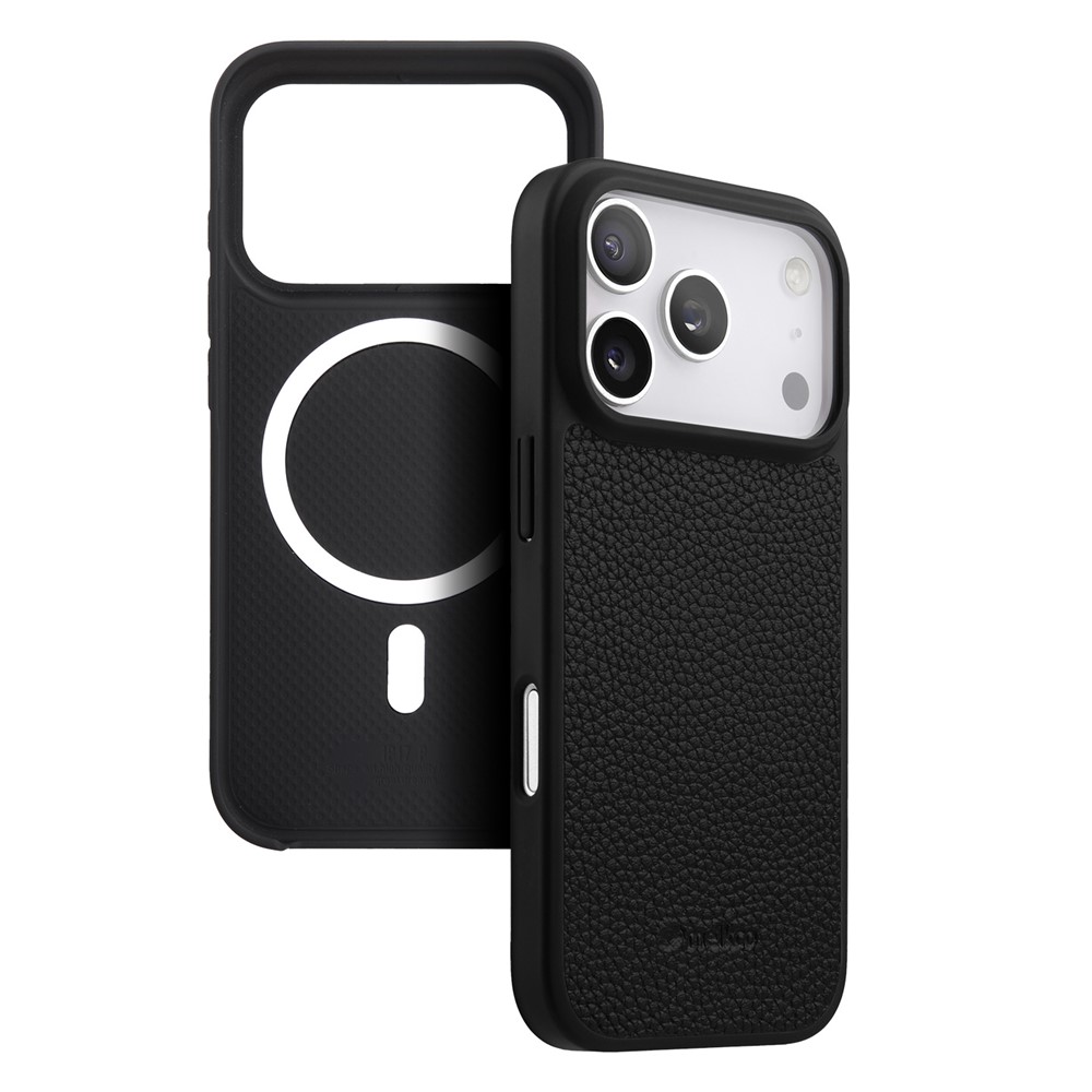 MELKCO For iPhone 17 Pro Max Case Compatible with MagSafe Ultra Thin Genuine Cow Leather + PC Phone Cover - Black