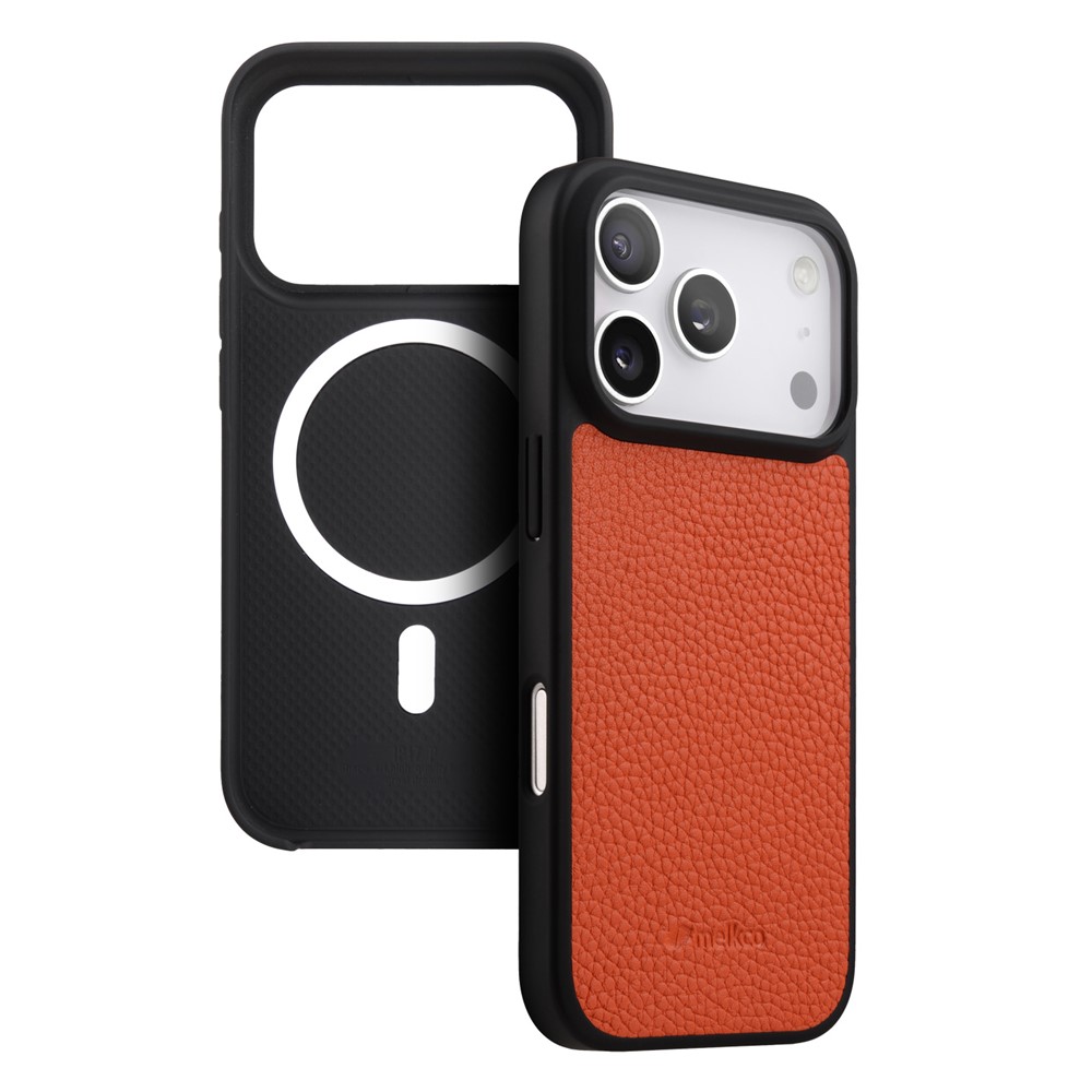 MELKCO For iPhone 17 Pro Case Compatible with MagSafe Ultra Thin Genuine Cow Leather + PC Phone Cover - Orange