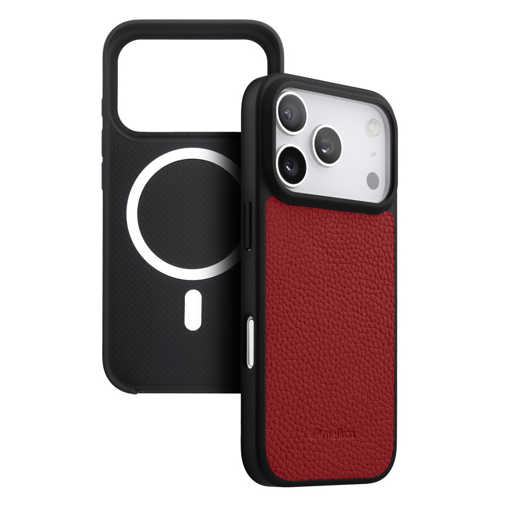 MELKCO For iPhone 17 Pro Case Compatible with MagSafe Ultra Thin Genuine Cow Leather + PC Phone Cover - Red