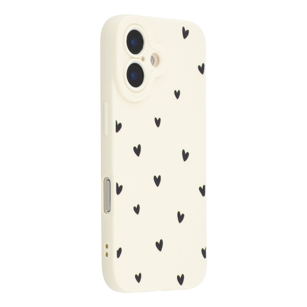 For iPhone 16 Case Heart Pattern TPU Phone Back Covern - Antique White / Black Hearts