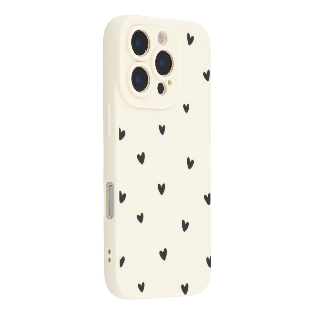 For iPhone 16 Pro Case Heart Pattern TPU Phone Back Cover - Antique White / Black Hearts