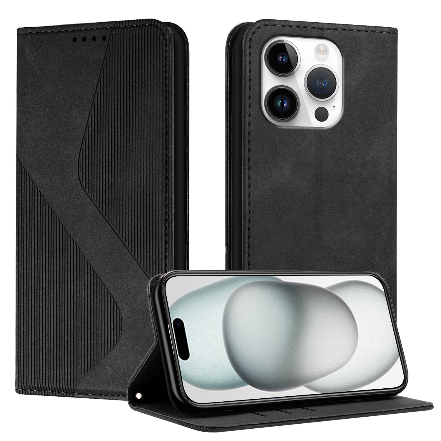 For iPhone 16 Pro Phone Cover Skin-touch Feel Leather Wallet Case with Stand - Black