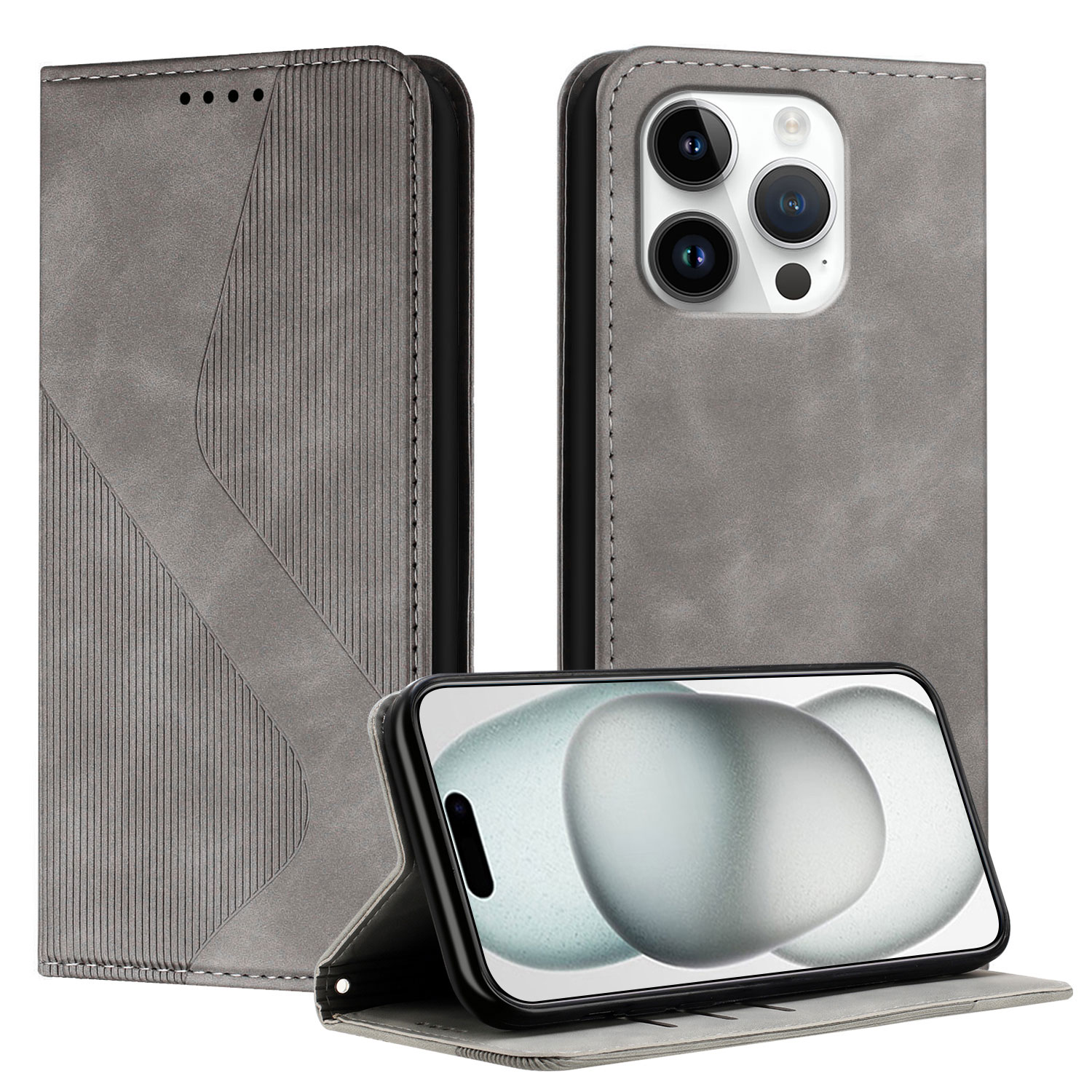 For iPhone 16 Pro Phone Cover Skin-touch Feel Leather Wallet Case with Stand - Grey