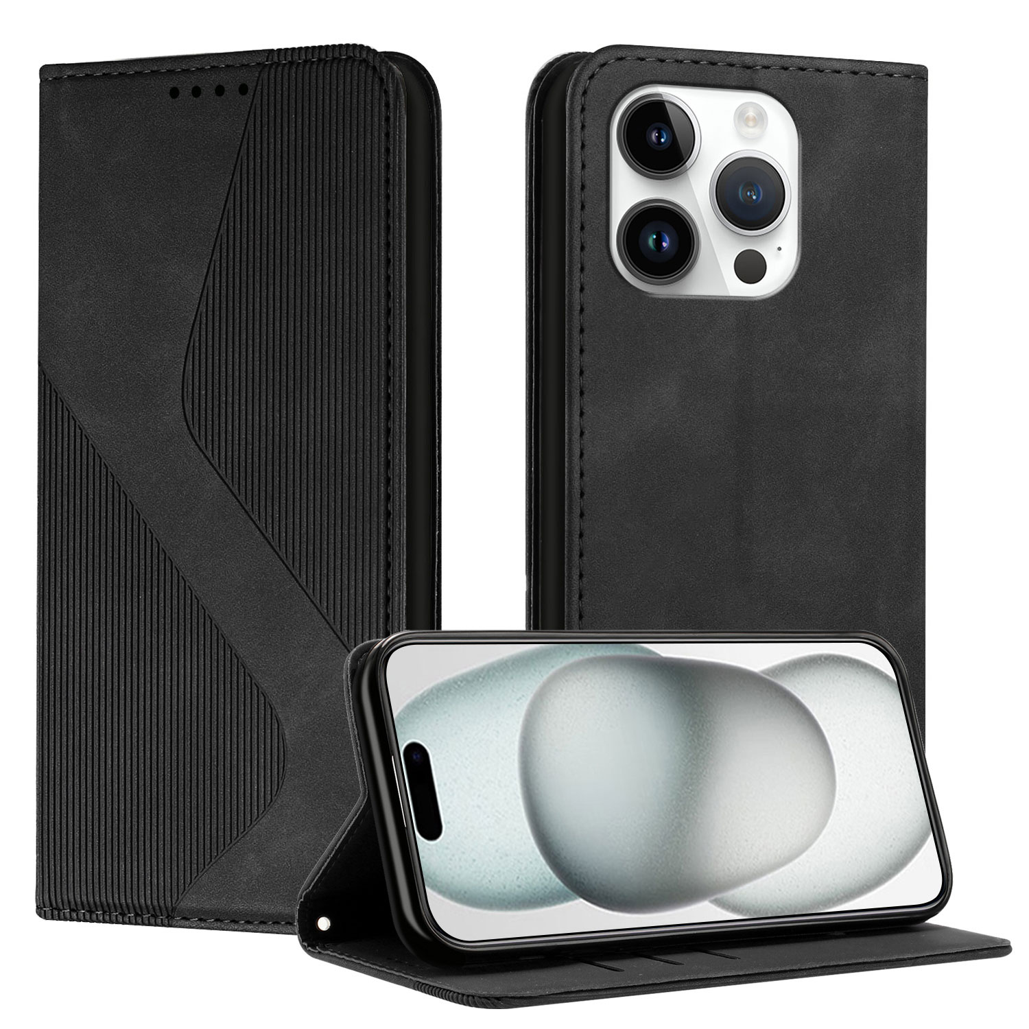 For iPhone 15 Pro Phone Cover Skin-touch Feel Leather Wallet Case with Stand - Black