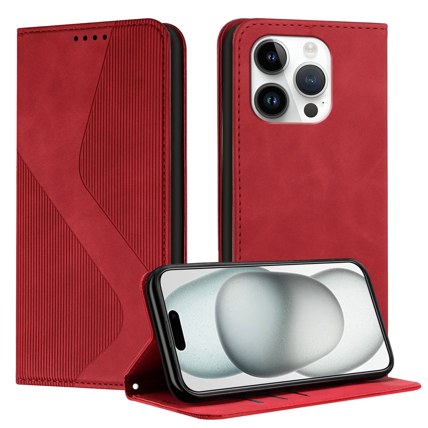 For iPhone 15 Pro Phone Cover Skin-touch Feel Leather Wallet Case with Stand - Red