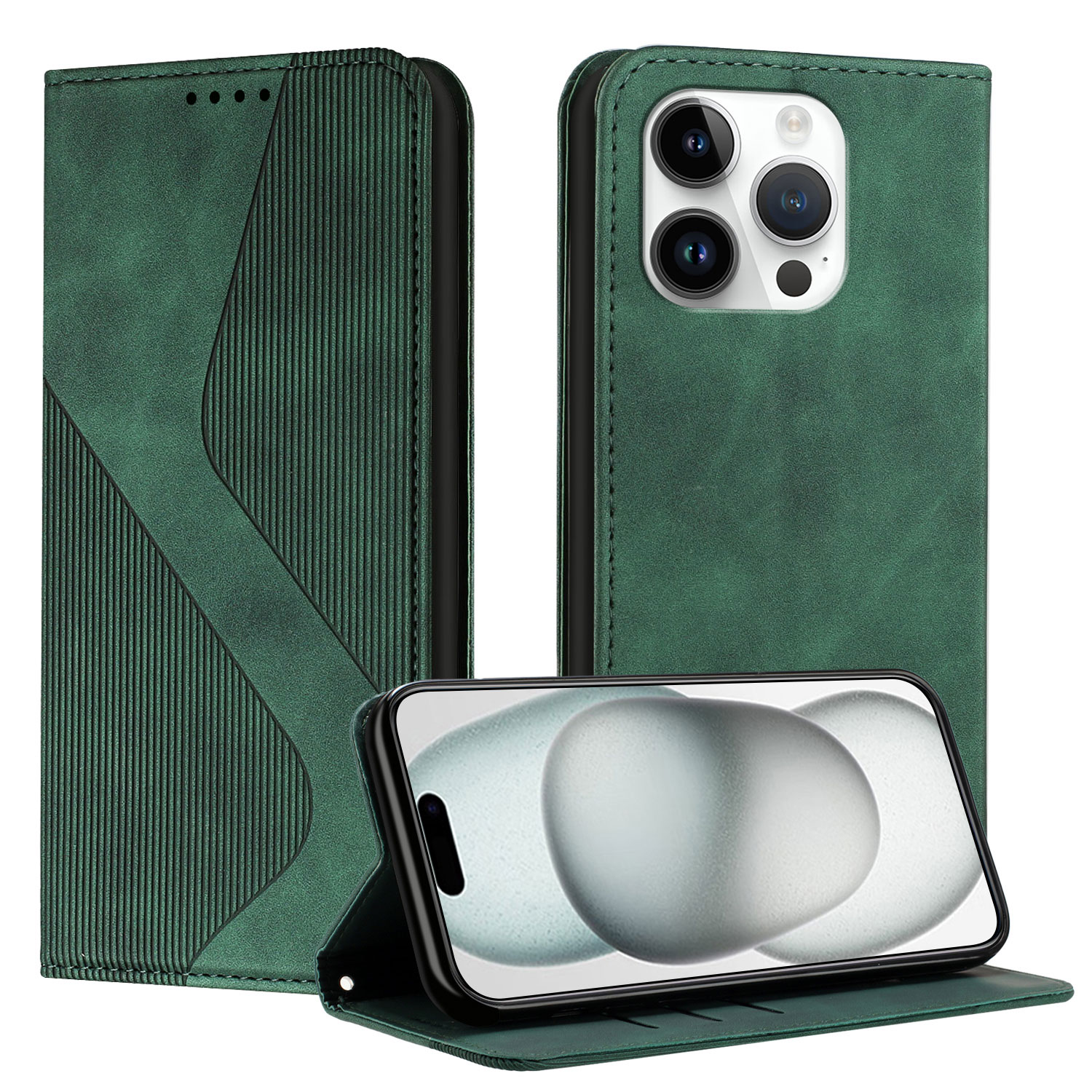 For iPhone 15 Pro Phone Cover Skin-touch Feel Leather Wallet Case with Stand - Green