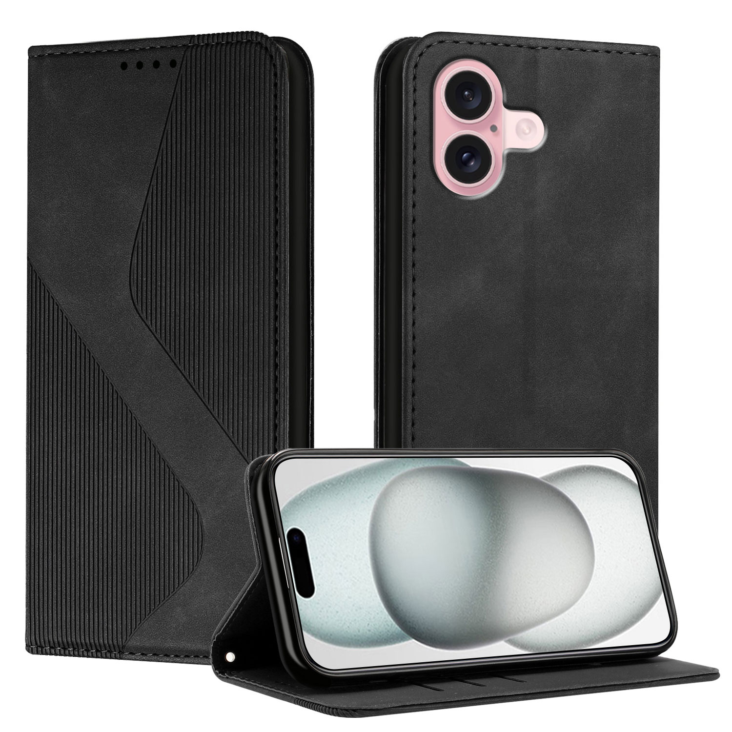 For iPhone 16 Phone Cover Skin-touch Feel Leather Wallet Case with Stand - Black