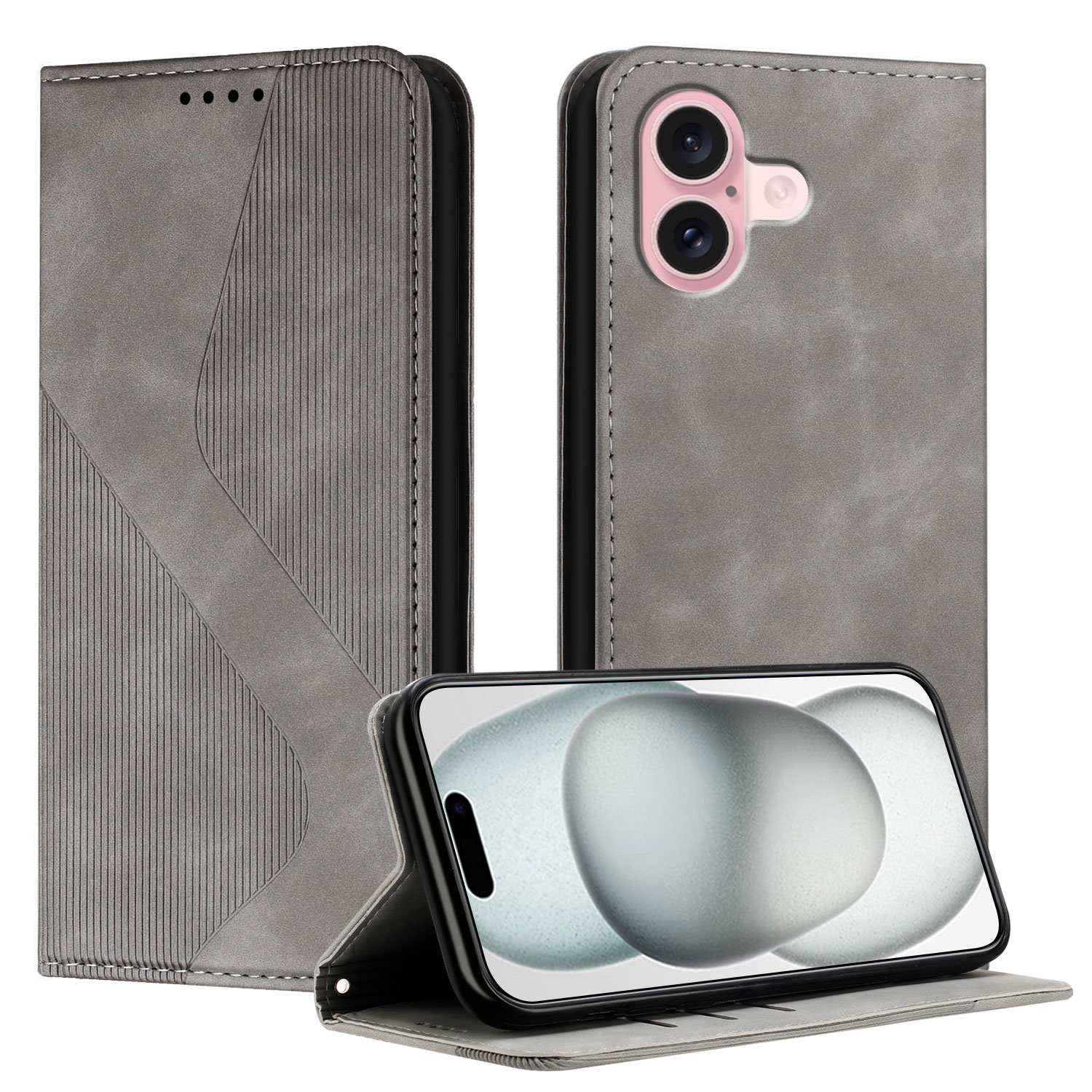 For iPhone 16 Phone Cover Skin-touch Feel Leather Wallet Case with Stand - Grey