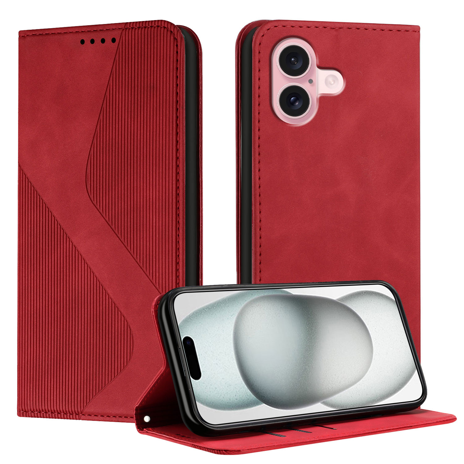For iPhone 16 Phone Cover Skin-touch Feel Leather Wallet Case with Stand - Red