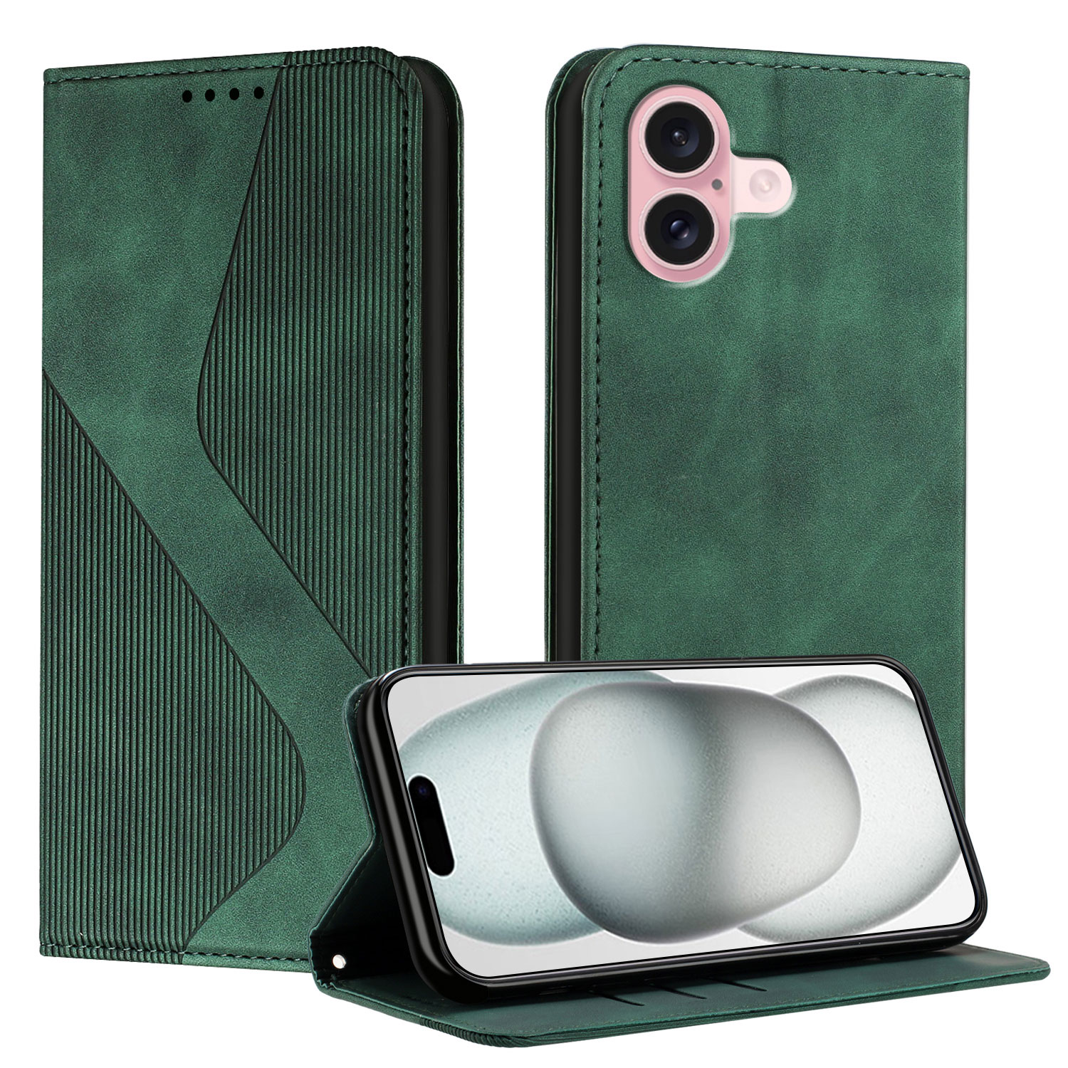For iPhone 16 Phone Cover Skin-touch Feel Leather Wallet Case with Stand - Green