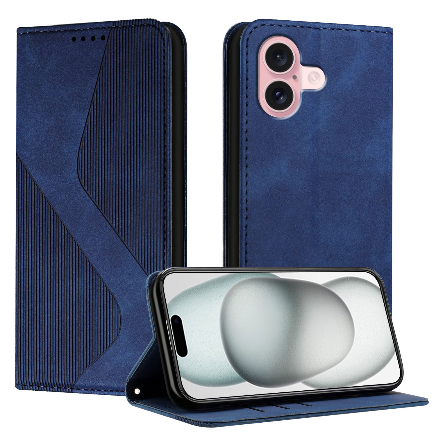 For iPhone 16 Phone Cover Skin-touch Feel Leather Wallet Case with Stand - Blue