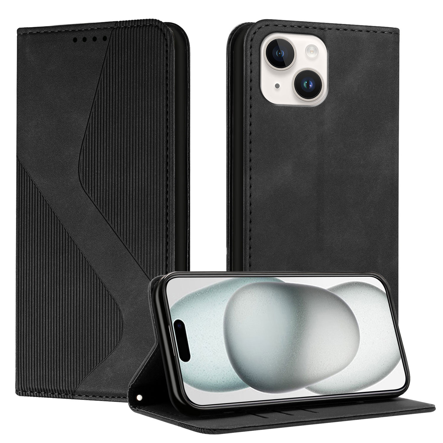 For iPhone 15 Phone Cover Skin-touch Feel Leather Wallet Case with Stand - Black