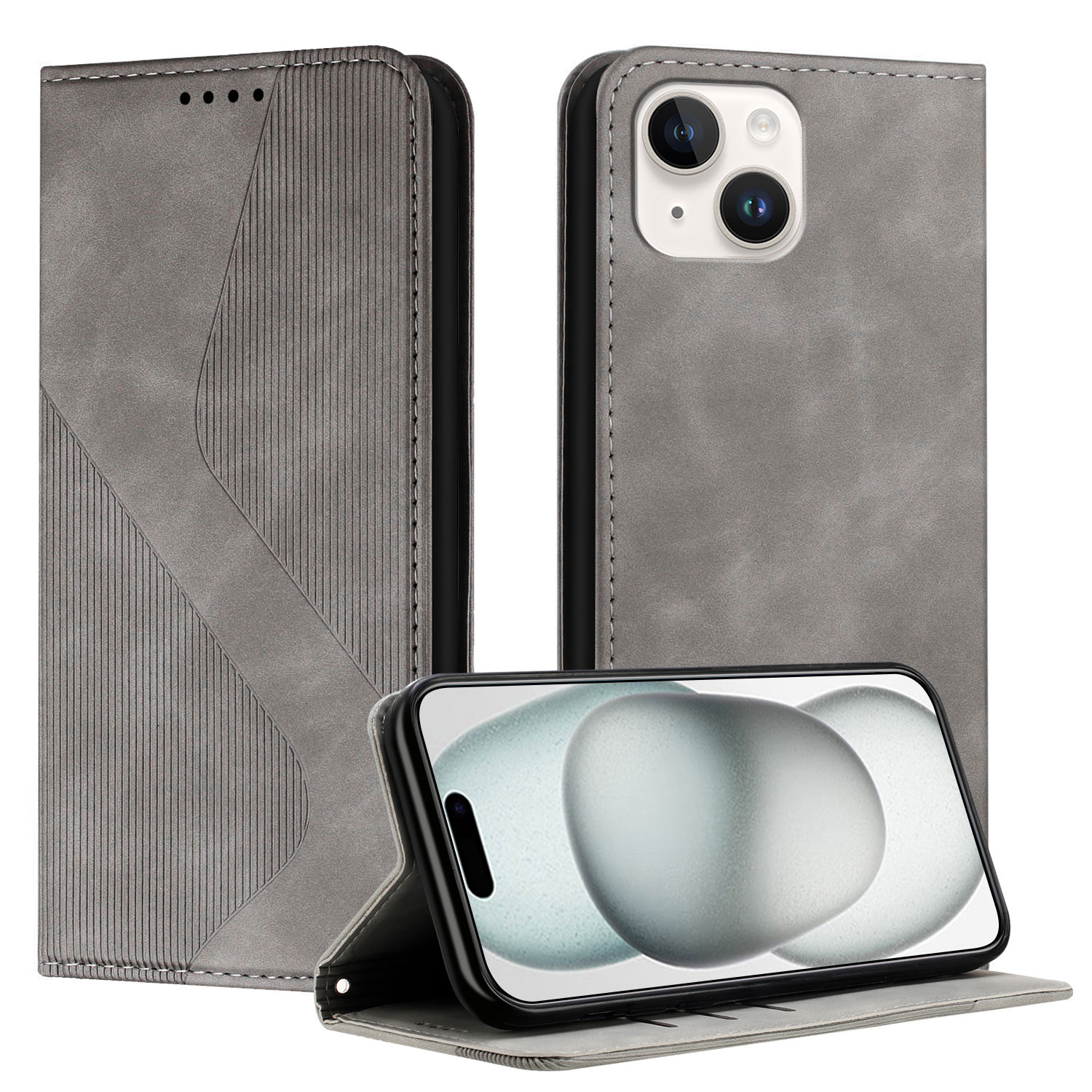 For iPhone 15 Phone Cover Skin-touch Feel Leather Wallet Case with Stand - Grey