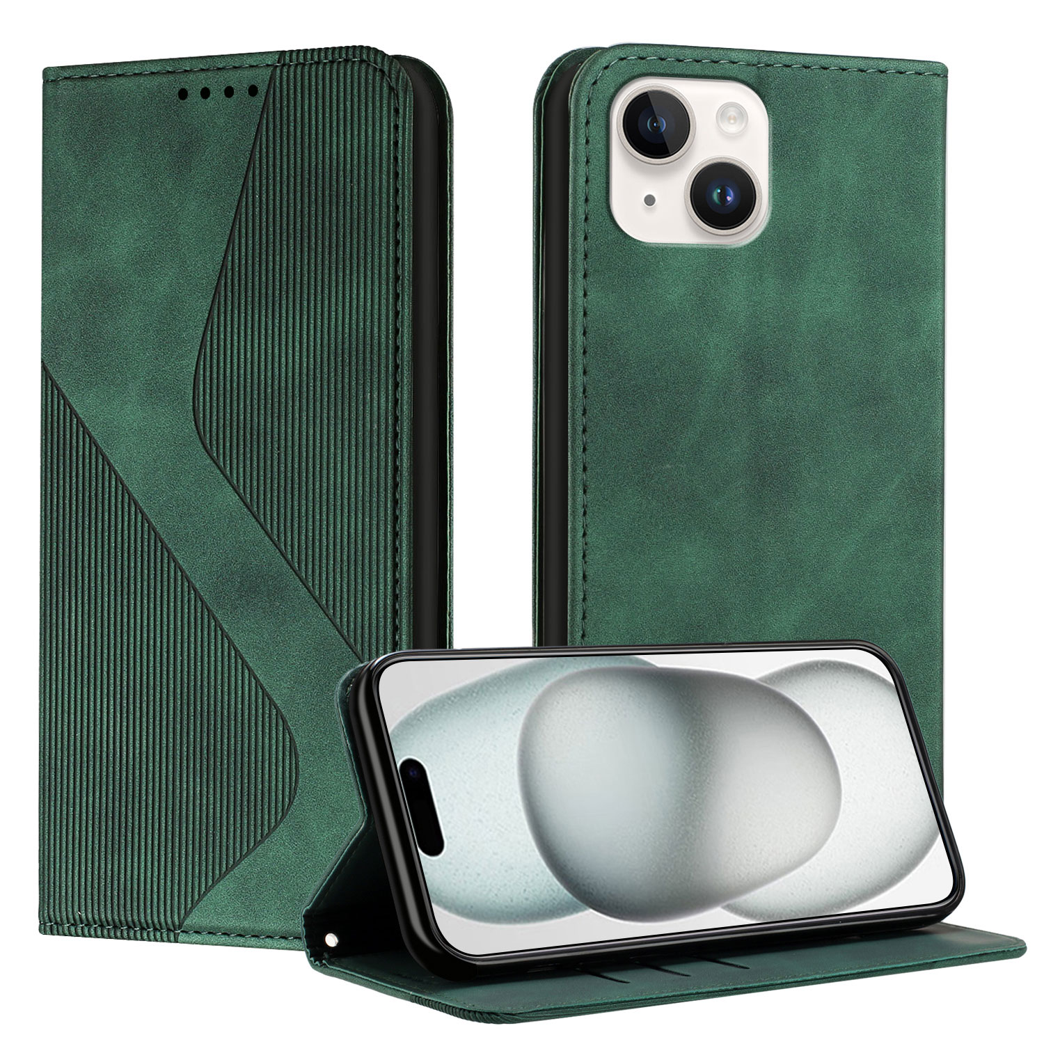 For iPhone 15 Phone Cover Skin-touch Feel Leather Wallet Case with Stand - Green