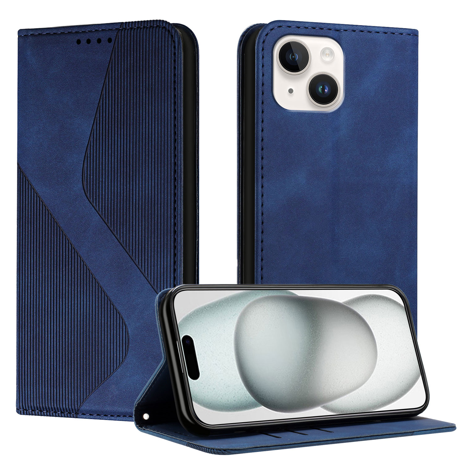 For iPhone 15 Phone Cover Skin-touch Feel Leather Wallet Case with Stand - Blue