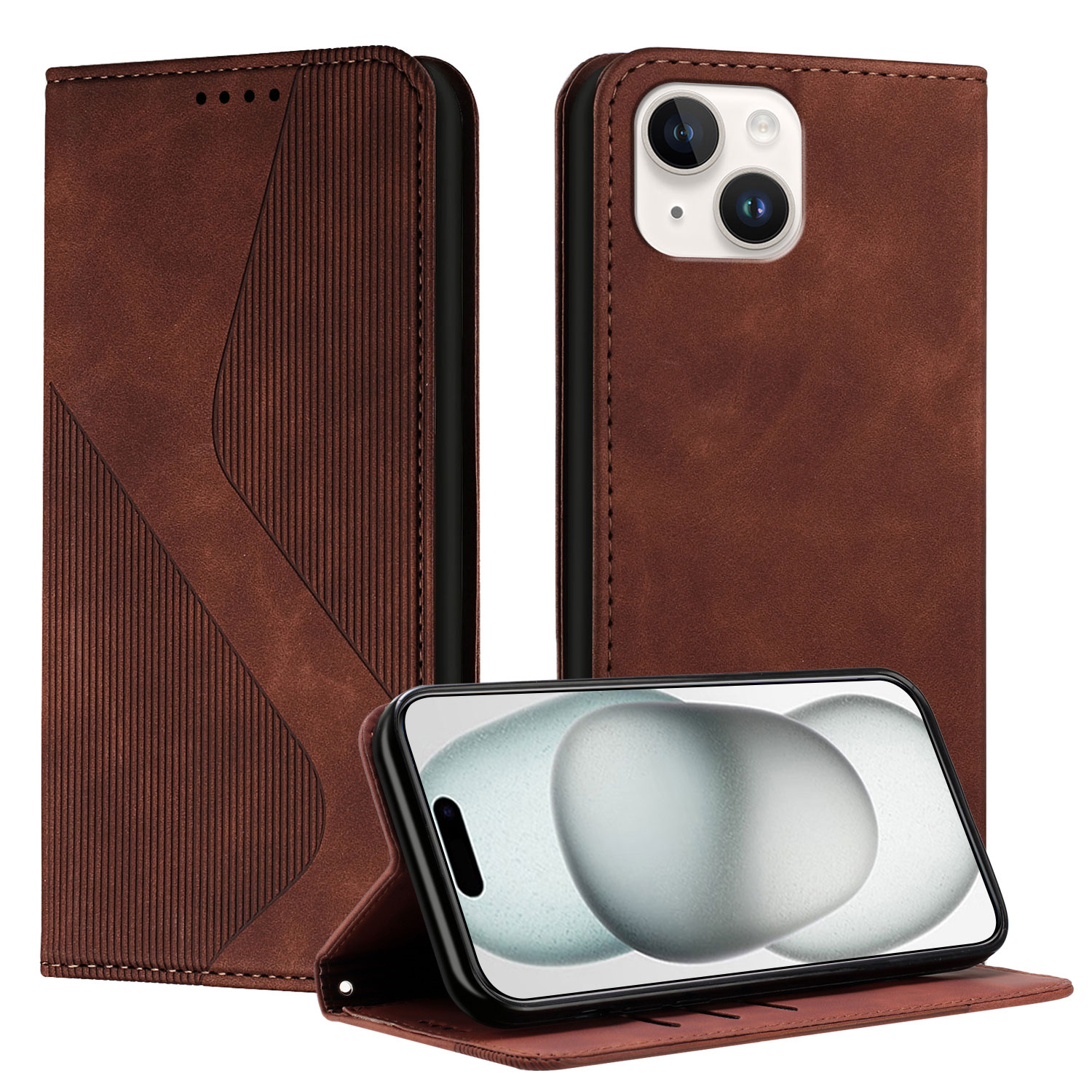 For iPhone 15 Phone Cover Skin-touch Feel Leather Wallet Case with Stand - Brown