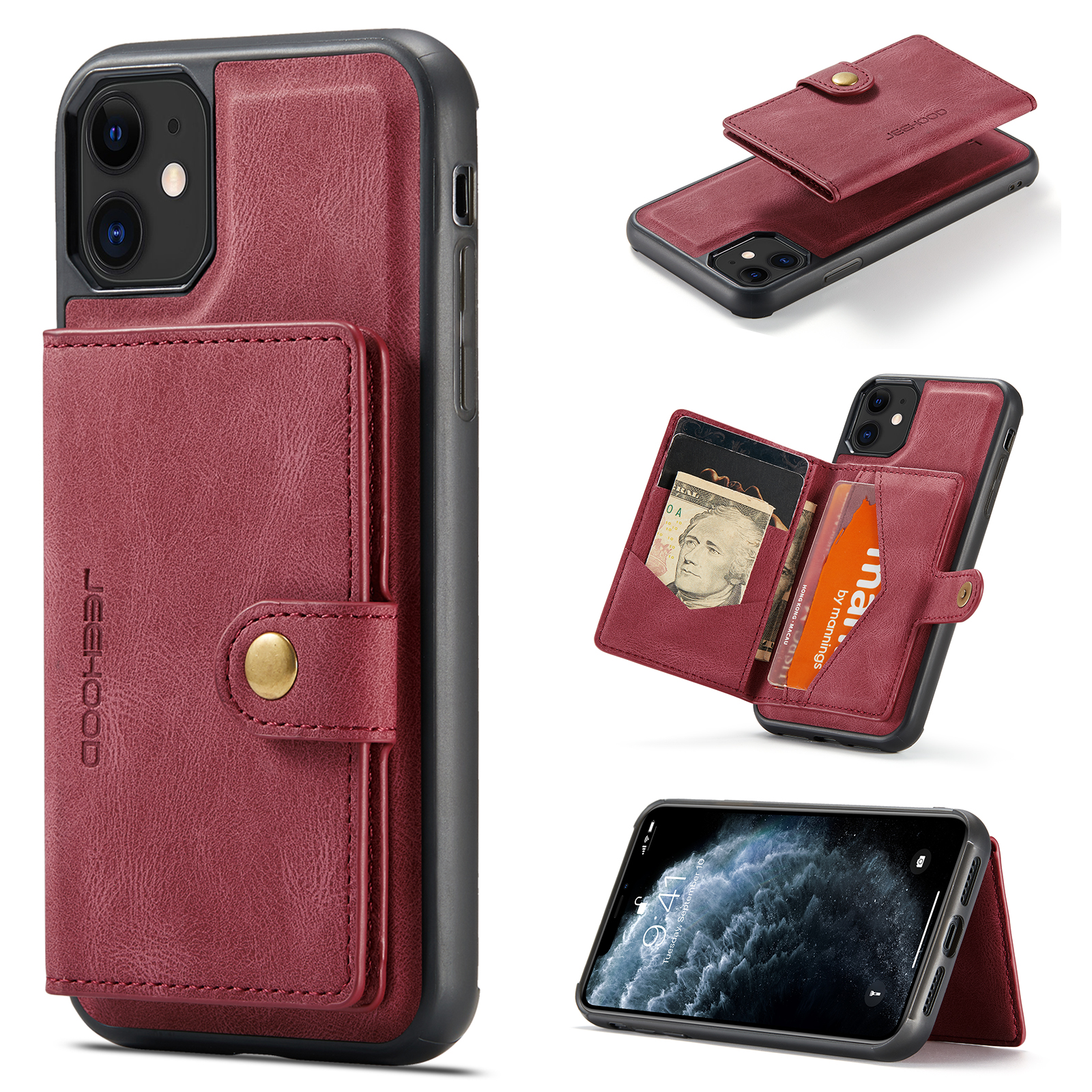 For iPhone 11 Case JEEHOOD J01 Retro Leather Phone Back Cover with Detachable Magnetic Card Holder - Red