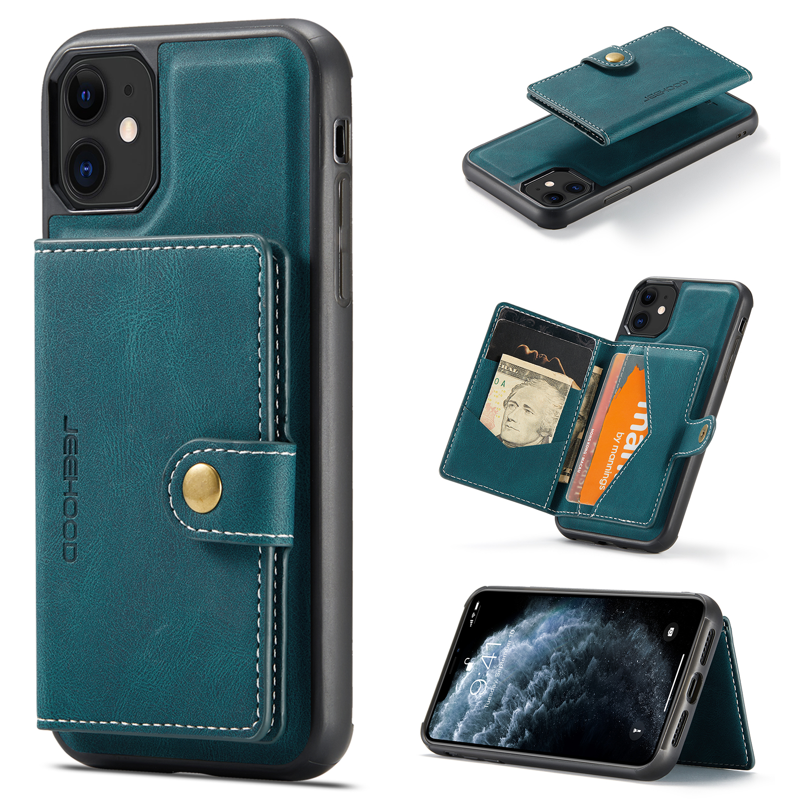 For iPhone 11 Pro Max Case JEEHOOD J01 Retro Leather Phone Back Cover with Detachable Magnetic Card Holder - Blue