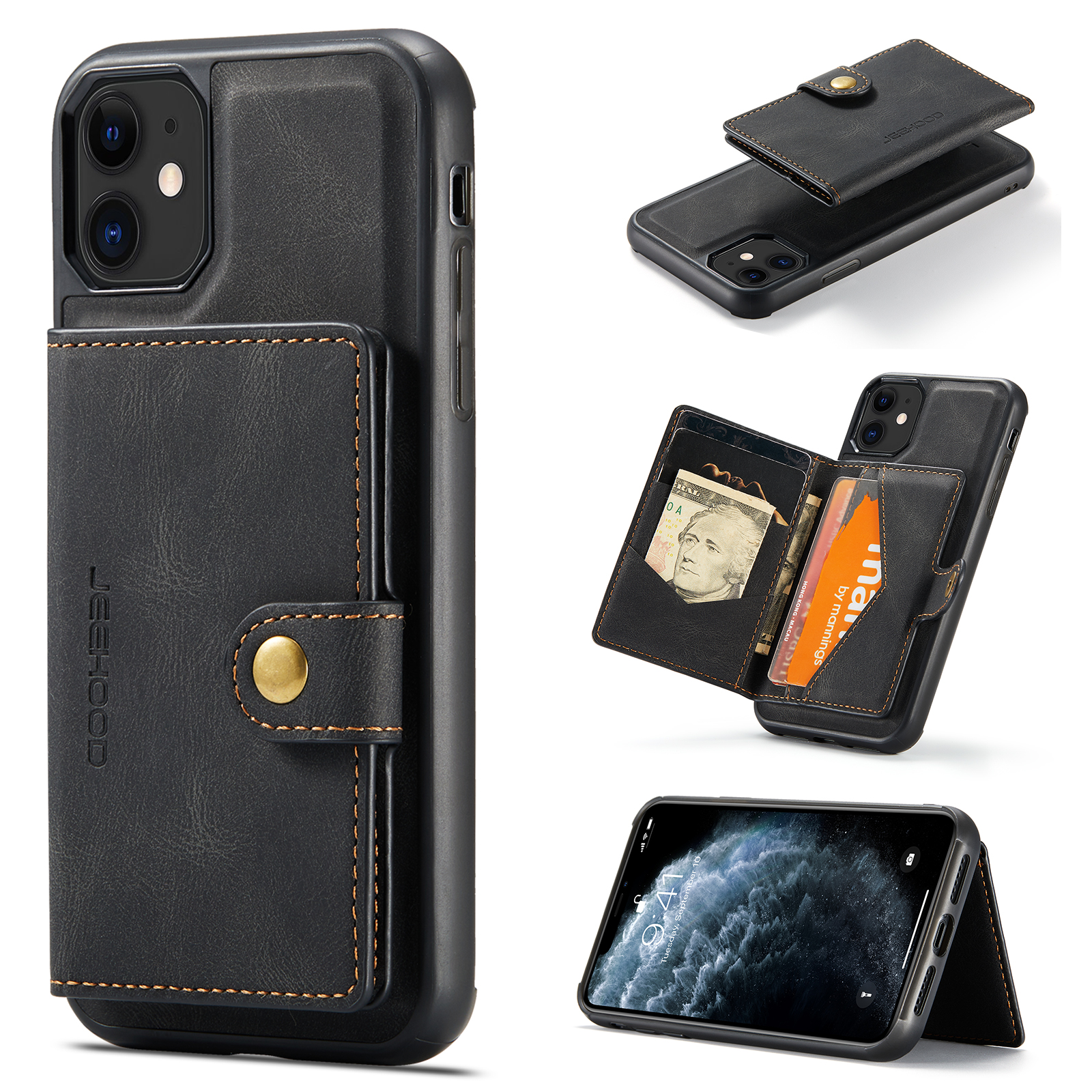 For iPhone 11 Pro Max Case JEEHOOD J01 Retro Leather Phone Back Cover with Detachable Magnetic Card Holder - Black