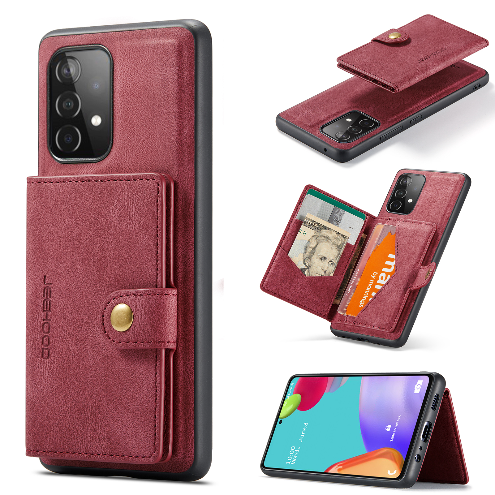 JEEHOOD For Samsung Galaxy A33 5G Case J01 Retro Leather Phone Back Cover with Detachable Magnetic Card Holder - Red
