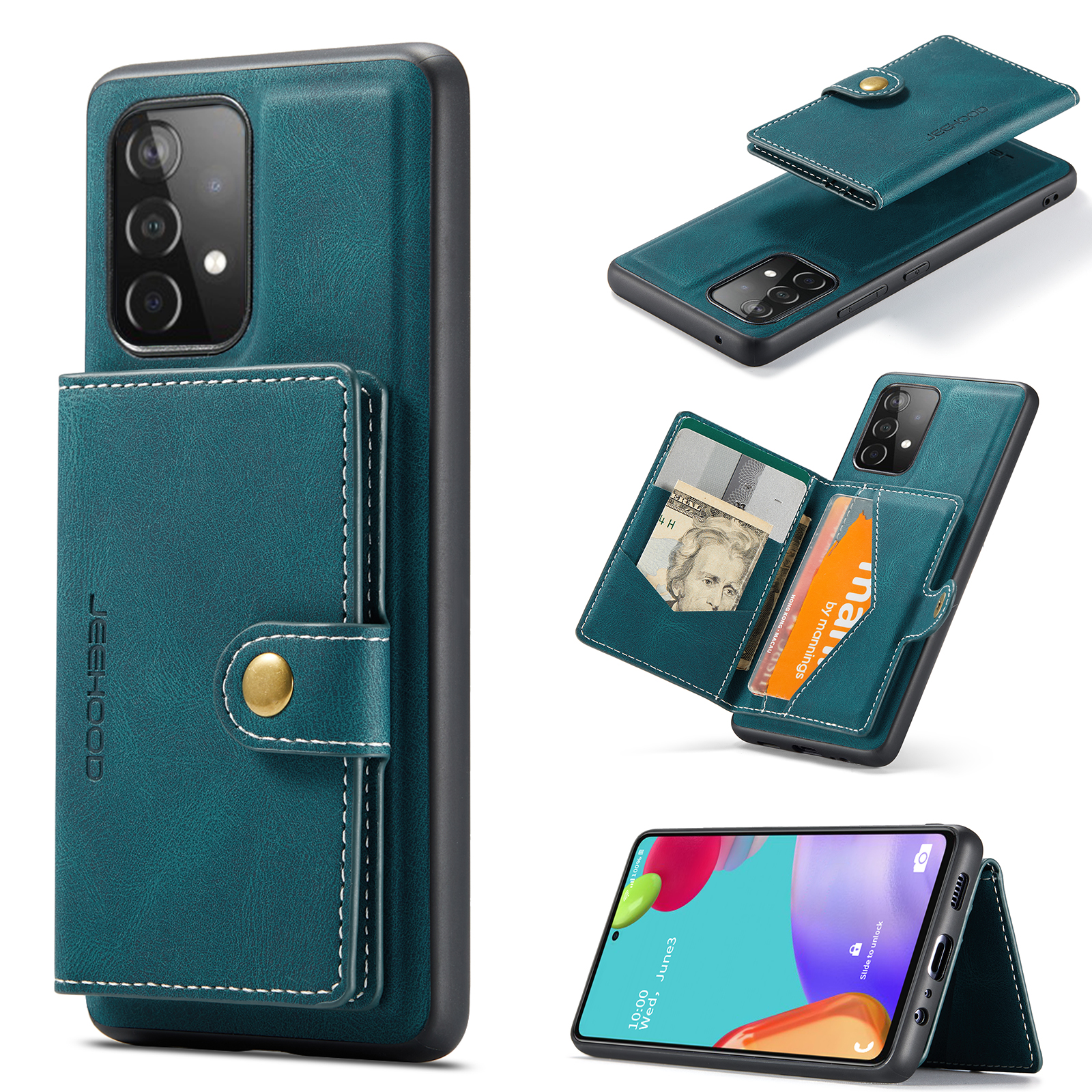 JEEHOOD For Samsung Galaxy A33 5G Case J01 Retro Leather Phone Back Cover with Detachable Magnetic Card Holder - Blue
