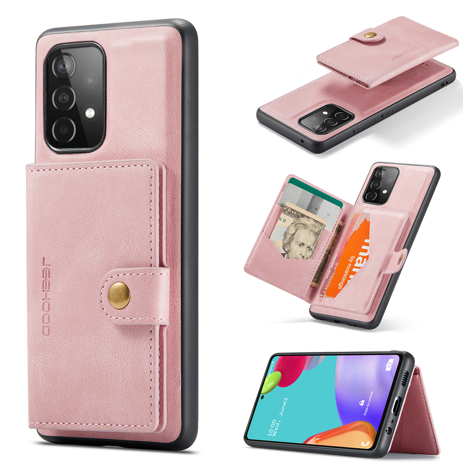 JEEHOOD For Samsung Galaxy A33 5G Case J01 Retro Leather Phone Back Cover with Detachable Magnetic Card Holder - Pink