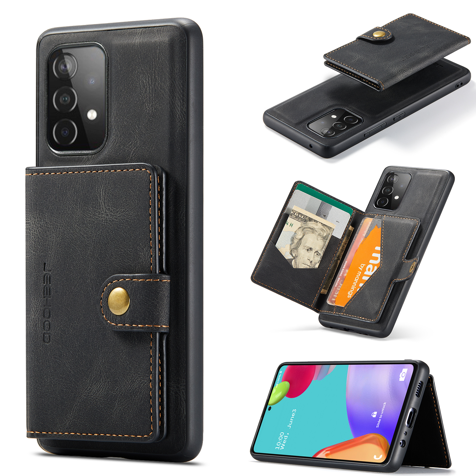JEEHOOD For Samsung Galaxy A33 5G Case J01 Retro Leather Phone Back Cover with Detachable Magnetic Card Holder - Black