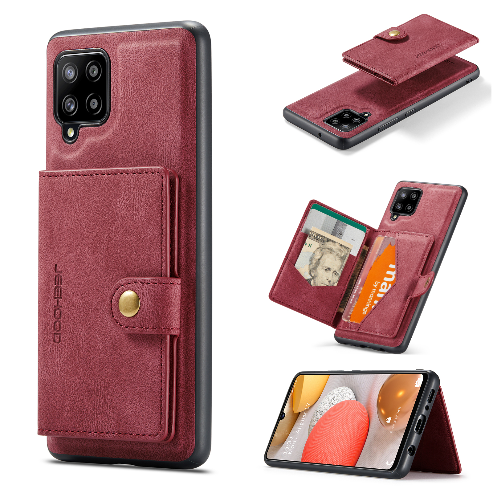 JEEHOOD For Samsung Galaxy A42 5G Case J01 Retro Leather Phone Back Cover with Detachable Magnetic Card Holder - Red
