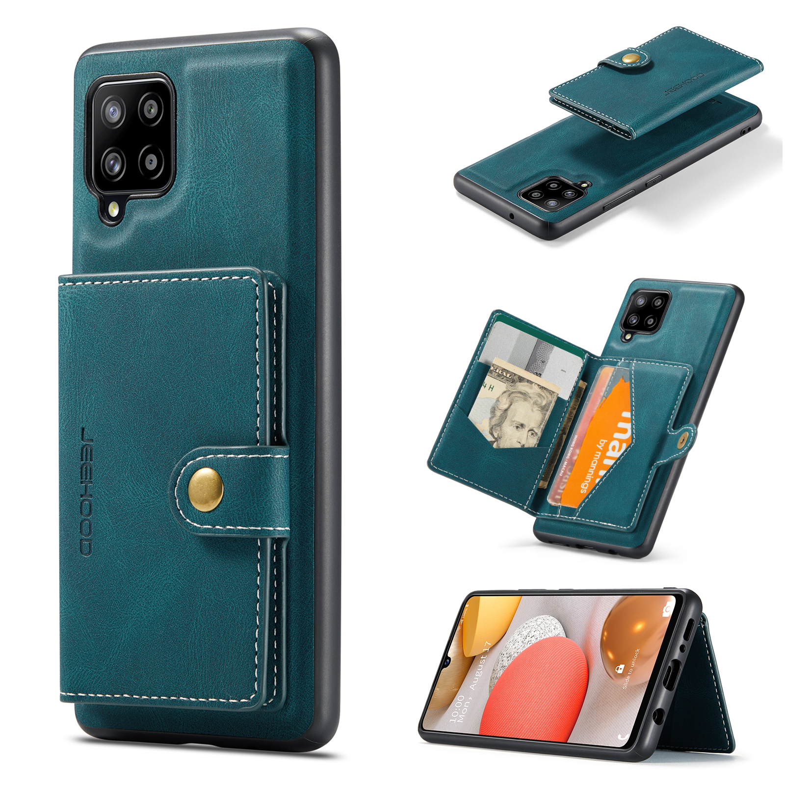 JEEHOOD For Samsung Galaxy A42 5G Case J01 Retro Leather Phone Back Cover with Detachable Magnetic Card Holder - Blue
